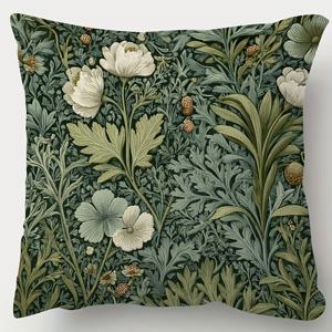TEMU 윌리엄 모리스 플로럴 쿠션 커버 1개 - 빈티지 세이지 그린 베개 커버, 숲 속 잡초 디자인 (꽃, 잎), 양면 플러시 장식, 소파, 거실, 침실, 사무실에 적합 - 지퍼 잠금