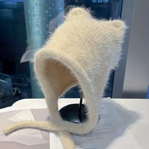 TEMU 가을/겨울 Mahair 헤어니들 캐주얼 보온 귀마개 조임끈 모자, 여성용 방풍 레이펑모자, 부드럽고 귀여운 아기 고양이 귀 모자, 얼굴을 작게 보이게 하는 여성용 방한모, 큰 머리 둘레용, 귀여운 귀풀오버모자