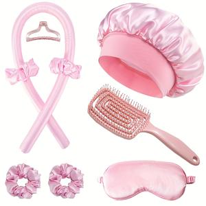 TEMU 9피스 여성용 무열 컬링 아이언 세트 - 웨이브 치아 빗, 플라스틱 헤어 빗, 새틴 수면 보닛, 새틴 수면 마스크, 새틴 스크런치 포함 - 곱슬머리용