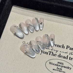 TEMU 그레이-블루 라인스톤 10pcs 핸드메이드 프렌치 캣아이 네일 아트, 라이트 럭셔리 매력과 브라이트닝 효과