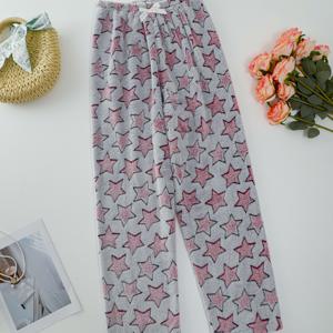 TEMU 보라색 별무늬가 있는 회색 바탕의 여성용 플러시 겨울 긴 바지, 가정복 또는 아우터웨어로 적합, 패셔너블하고 클래식한 수면복 세트