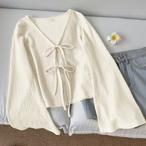TEMU 여성용 캐주얼 솔리드 컬러 타이 커프 플레어 소매 셔츠 V넥 탑