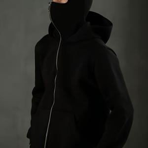 TEMU 남성 캐주얼 솔리드 블랙 후드티 - 긴소매 지퍼 포켓, 봄, 가을, 겨울용, 캐주얼 재킷 | 후드티 | 지퍼업 후드티