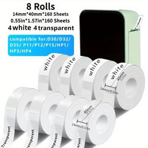 TEMU 투명지 4롤 + 흰색지 4롤, 총 8롤, 종이 1280매. D30/P15 휴대용 무선 열전사 라벨 프린터와 호환, 스티커 라벨용, 0.55 X 1.57인치(14mm X 40mm), 투명, 알코올 내성. 파일, 주소, 사무실, 가정, 이름표, 스위치 라벨, 크리스마스 선물 보관에 적합. 열전사 라벨 인쇄지