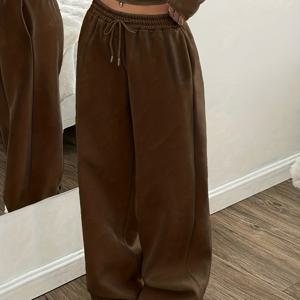 TEMU 여성용 스타일리시 캐주얼 홈 팬츠 (가을/겨울), 솔리드 컬러 기본 오피스 와이드 레그 트라우저, 간편한 디자인으로 활용도 높은 솔리드 컬러 기본 오피스 와이드 레그 트라우저