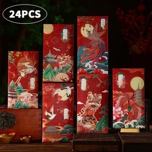 TEMU 24개 중국풍 설날 빨간 봉투 | 정교한 동양적인 패턴, 설날, 생일, 결혼 선물로 완벽 - 종이 재질