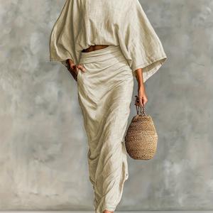 TEMU 세련된 배트윙 슬리브 크롭 탑과 섹시한 미드리프 컷팅이 특징인 신상 크로스보더 여성 패션. 다용도 하이웨이스트 백 슬릿 스커트와 함께, 편안한 투피스룩을 연출합니다.