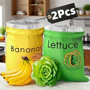 TEMU 2개입 바나나와 양상추 신선 보관백, 삼중 알루미늄 호일 라이닝과 드로스트링 디자인, 냉장고/냉동고 사용 가능, 통기성 및 세탁 가능 농산물 보관백, 숙성 지연 및 음식물 쓰레기 감소