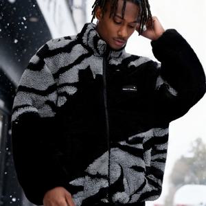 TEMU 남성용 트렌디한 지퍼 스탠드 칼라 더블 포켓 블랙 대비 얼룩말 프린트 패턴 디자인 플러시 자켓, 일상 스트리트웨어, 통근, 캐주얼 외출, 파티, 커플룩을 위한 두껍고 따뜻하며 부드럽고 편안한 원단, 새로운 가을/겨울 긴소매 플러시 자켓
