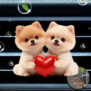 TEMU 2D 플랫, 하트 모양 에어 벤트 클립 장식을 잡고 있는 포메라니안 강아지 한 쌍 장식, 