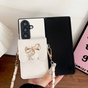 TEMU 단색 반투명 황금색 리본 마름모 패턴 카드 홀더 접이식 휴대폰 케이스, 삼성 갤럭시 Z 폴드 3/4/5/6/7 호환, 여성용 전신 낙하 방지 보호 커버