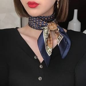 TEMU 우아한 100% 뽕나무 실크 스퀘어 스카프 - 네이비 블루와 골드 체크 디자인, 가벼운 봄과 여름 패션 스카프, 레이어링 또는 단독 착용, 다기능 패션 액세서리, 정교한 디자인, 고급스러운 감촉, 봄 스타일링 필수 아이템, 스타일리시하고 다용도, 손세탁 가능