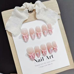 TEMU 스위트 프렌치 스타일, 핑크 바이탈리티 10개, 오벌 웨이퍼, , 인조 네일, 첫사랑 기질, 리본, 입체 꽃, 요정, 순수한 욕망, 스위트 레이디, 귀엽고 매력적인, 웨어링 네일, 데이트, 데일리 매니큐어