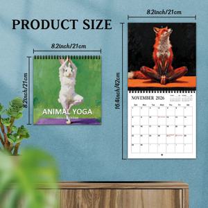 TEMU 2026 동물 요가 벽걸이 달력 플래너 - 12개월 대형 정사각형 그리드 레이아웃, 월별 사진, 접이식 디자인 & 잠금 힌지 - 홈 오피스 일일 플래너를 위한 미적 동물 테마 커버, 크리스마스 & 새해 선물로 이상적