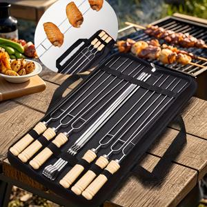 TEMU 보관 가방 포함 스테인리스 스틸 꼬치 10개, BBQ 조리도구/굵어진 휨 방지, 야외 피크닉/정원 BBQ/졸업 캠핑 파티 | 아메리칸 BBQ 세트, 그릴 도구, 고기 요리 필수품