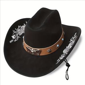 TEMU 1개 서부 모자 남녀 공용 - 스타일 자수 꽃무늬 메탈 밴드 & 말린 챙, 가벼운 사계절용 블랙 인조 스웨이드 모자, 스트랩, 비탄성 야외 모자, 목장, 페스티벌, 일상용