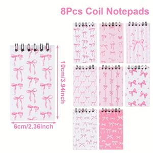 TEMU 8개입, 리본 테마 스파이럴 노트북, 핑크 리본 혼합 스파이럴 노트북, 생일 파티 장식, 웨딩 신부 파티 용품, 생일 파티 선물, 베이비 샤워 파티 스파이럴 노트패드