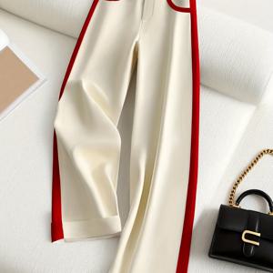 TEMU 여성용 우아한 루즈핏 레드 & 베이지 컬러 블록 와이드 레그 팬츠