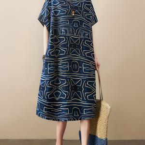 TEMU 플러스 사이즈 - 플러스 사이즈 - 캐주얼 출퇴근, 홈파티, 발렌타인데이 데이트, 새해 축하, 라마단에 적합한 우아한 방향성 프린트 린넨 여름 드레스. 신상 루즈핏 반팔 여름 바캉스룩