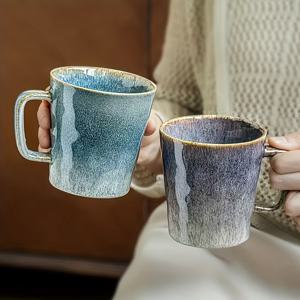 TEMU 보이시오다 고용량 유리잔 머그컵 1세트, 400ml 물결무늬 세라믹 컵 세트, 블루&그레이 듀얼 컬러 커플 커피컵, 빈티지 스타일 컵 컬렉션