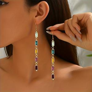 TEMU 여성용 가을-겨울 컬러풀 직사각형 라인스톤 태슬 귀걸이 1쌍 | 고급스러운 아연 합금, 멀티 컬러 디자인, 및 파티에 적합, 여성들을 위한 완벽한 크리스마스 선물