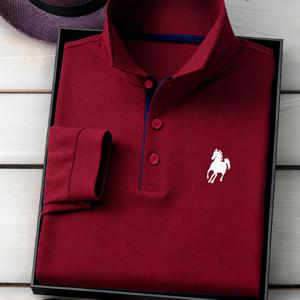 TEMU C8-528 새로운 하이엔드 컬러블록 질주하는 말 패턴 남성용 프린트 긴팔 셔츠, 캐주얼 스포티 패션 남성 상의, 편안하고 통기성 좋은 원단, 활용도 높은 레귤러 핏 버튼넥 골프 셔츠, 테니스 훈련 비즈니스 풀오버