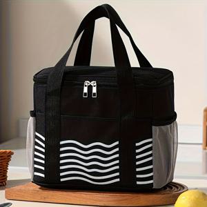 TEMU 세련된 물결 패턴 단열 런치백, 두꺼운 알루미늄 포일 런치 팩, 직장인 및 학생의 간식 휴대에 적합, 야외 캠핑 피크닉 가방, 비식품 접촉