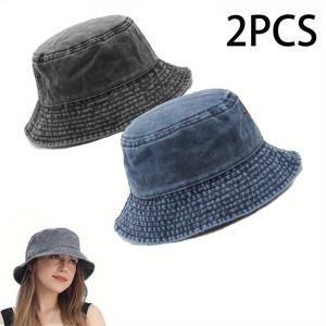 TEMU 2개입 남녀공용 빈티지 워싱 어부 모자, 간편하고 스타일리시함, 다용도, 접이식 버킷 모자, 트렌디한 어부 모자