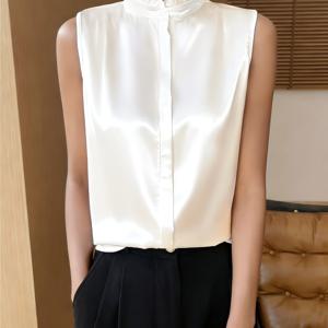 TEMU 여성용 우아한 민소매 버튼 프론트 셔츠 - 스탠드 칼라, 매끄러운 질감의 단색 블라우스, 계절별로 적합, 캐주얼부터 드레시까지 다양한 스타일
