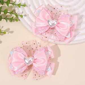 TEMU 데이를 위한 우아한 하트 리본 머리핀 2개 세트, 미니 하트 장식 리본 머리핀, 반짝이는 리본 머리 액세서리, 공주와 소녀를 위한 선물, 데이