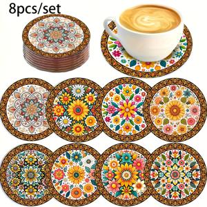 TEMU 만다라 코스터 8개 세트 - 커피 테이블, 저녁 식사, 선물용 스타일리시 우드 음료 받침, 크리스마스, 웨딩, 테마 파티를 위한 핸드메이드 홈 데코