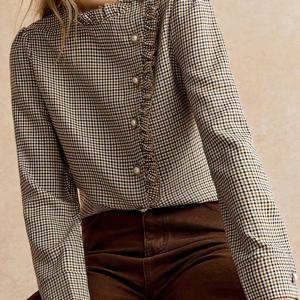 TEMU 스몰 스탠드 칼라와 사이드 오픈이 있는 체크 셔츠, 출퇴근 및 파티에 완벽