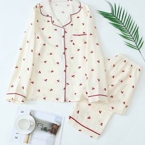 TEMU 청소년을 위한 달콤하고 상큼한 V넥 체리 파자마 2피스 세트, 봄, 여름, 가을 긴팔 바지, 캐주얼하고 헐렁한 칼라 홈웨어, 2피스 세트로 착용 가능, 세탁기 및 드라이클리닝 가능, 청소년용