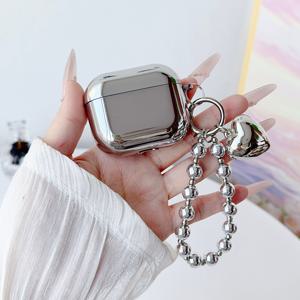 TEMU 심장 펜던트 손목 스트랩 이어폰 방지 케이스, 실버 이어폰 커버, 단색 광택 이어폰 보호 케이스, 여성용 블루투스 이어폰 방지 케이스, for 1/2/3/4/Pro 이어폰 파우치 호환