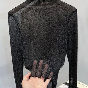 TEMU 메쉬 세미 시어 하이넥 베이스 레이어 탑, 가을/겨울용 활용도 높은 슬림핏 속옷, 여성을 위한 섬세한 리틀 트릭 탑