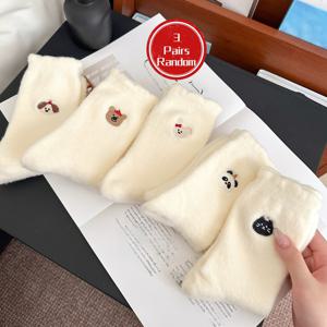 TEMU 혼합 색상 랜덤 3켤레 겨울용 화이트 바닥 양말, 오스트레일리안 벨루어 중목 플러시, 플러시 타이츠, 보온용 도톰한 긴팔 긴 집속바지양말