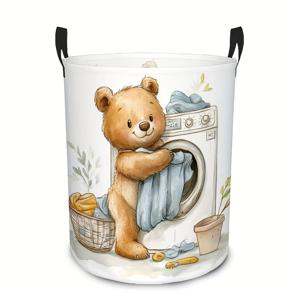 TEMU 귀여운 베이지 곰돌이 세탁 바구니 - 손잡이가 달린 대형 원형 폴리에스터 용기, 사랑스러운 만화 곰돌이 디자인, 가족의 더러운 옷 정리, 세탁실 장식 향상에 적합하며 세탁 바구니로 사용 가능