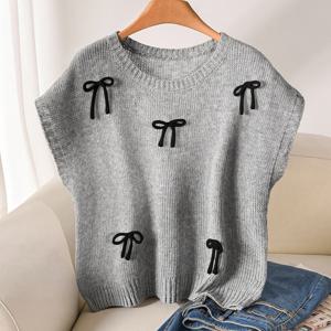 TEMU 플러스 사이즈, 여성용 플러스 사이즈 우아한 리본 장식 반팔 블라우스 - 플러스 사이즈 라운드넥 봄 여름 반팔, 솔리드 컬러 캐주얼 & 세미 포멀 웨어, 세탁기 사용 가능, 편안한 캐주얼에서 오피스까지 여성용 블라우스