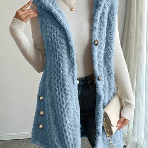 TEMU 유럽&미국 패션 솔리드 컬러 양면 플리스 후드 버튼 가디건 가을 겨울 따뜻한 조끼