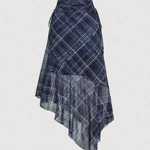 TEMU 여성 네이비 블루 체크 무늬 비대칭 스커트, 보우 타이 드레스, 홈커밍 축하 행사, 스타일 바지, 가을 웨딩 게스트 드레스, 파티 의상, 오래된 스타일, 우아한 스타일, 사무실 업무복 브런치 파티, 신학기|치마바지