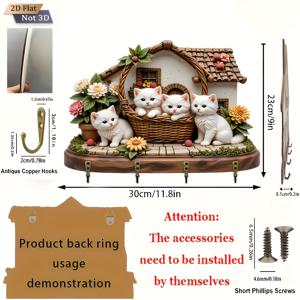 TEMU 2D 평면. 1개입. 흰색 고양이 직조 바구니 하우스 열쇠 걸이 - 나무 다기능 장식 열쇠 홀더 (금속 후크 4개 포함), 벽 장식, 방 장식, 사계절 홈 데코레이션에 적합 (29.97 X 22.86 Cm) 열쇠 보관 장식품
