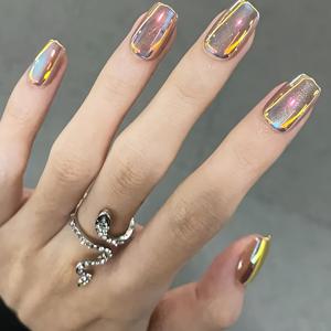 TEMU 30개 세트 숏 스퀘어 레이저 플래시 크롬 캣아이 프레스온 네일 - 고급 캣아이 인조네일, 레이저 플래시 크롬 디자인, 재사용 가능한 인조네일