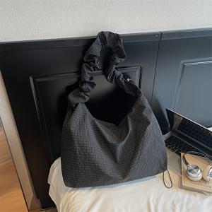 TEMU 여성용 대용량 토트백 - 일본/한국 라인 호환, 레트로 체크 쇼퍼백, 와이드 러치드 스트랩, 그리드 패턴, 지퍼 클로저 & 한국 스타일 핸드백