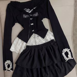 TEMU 고딕 스타일 블랙 탑 & 하이웨스트 케이크 스커트 세트 | 레이스 디테일, 레이스 트림 V넥, 레이스 링 & 리본 장식 긴소매, 슬림핏