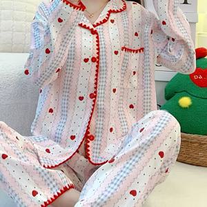 TEMU 봄 플로럴 자수 칼라 하트 프린트 여성용 잠옷, 봄, 가을에 적합한 긴소매 및 바지, 여름용 경량, 성인용 가디건 스타일, 봄, 가을 세트