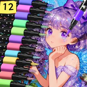 TEMU 12색 글리터 펜 | 아트 페인팅용 소프트 팁 단일 헤드 하이라이터, 인체공학적 디자인, 중간 팁