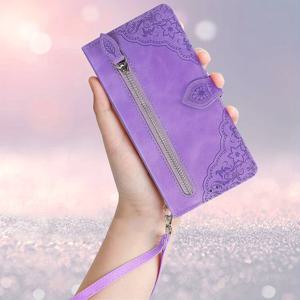 TEMU 삼성 갤럭시 A14 5G용 휴대폰 케이스, 남녀공용 갤럭시 A14 5G 지갑 케이스, 내구성 있는 합성 가죽 마그네틱 플립 랜야드 스트랩, 카드 슬롯 7개, 지퍼 포켓 핸드백 케이스, 엠보싱 꽃무늬 킥스탠드 휴대폰 케이스, 퍼플