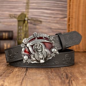 TEMU 빨간 배경 갈대 해골 유령 머리 대형 버클 개인 맞춤 패션 할로윈 다용도 해골 PU 엠보싱 벨트 남성 벨트