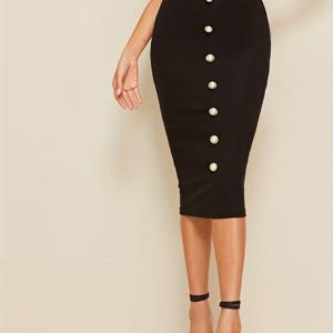 TEMU 여성용 우아한 진주 버튼 디테일 솔리드 컬러 펜슬 스커트 - 중간 신축성 기계 세탁 가능 오피스 & 캐주얼 스커트, 봄 여름 가을 시즌 패션, 비투명 원단