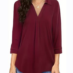 TEMU 플러스 사이즈 여성용 우아한 버건디 V넥 블라우스 - 3/4 소매 루즈핏 셔츠, 가슴 주름 장식, 세탁기 사용 가능 사계절 캐주얼 & 포멀 탑, 부드러운 질감